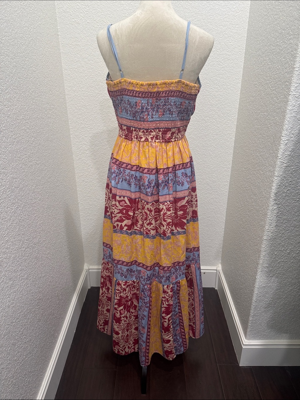 Japna Bohemian Floral Tiered Maxi Dress in Yellow, Blue & Burgundy - Picture 6 of 11
